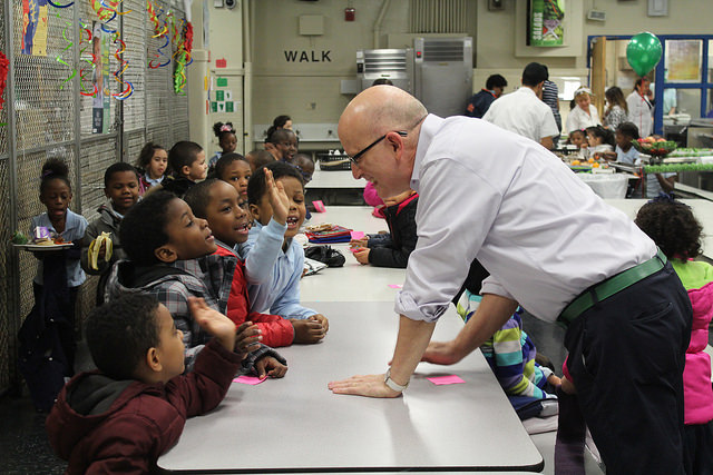  Former White House Executive Pastry Chef Bill Yosses attends the harvest lunch at Public School 55 in the South Bronx to chat with students about healthy food. By Elizabeth Arakelian 