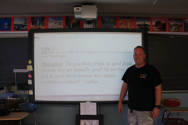 Michael Scherer, 38, social studies teacher at Franklin Delano Roosevelt High School in Bensonhurst, has been teaching 9/11 to his students for five years. Photo by Julie Liao.