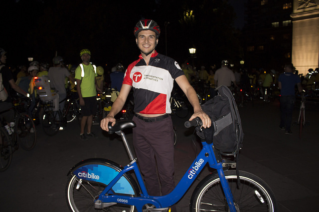 Despite forgetting his bike at home, 46-year-old Andreas Turanski was determined to join the protest for safer streets for bicyclists and pedestrians and rented a Citi Bike to be able to join. Photo by Brelaun Douglas.