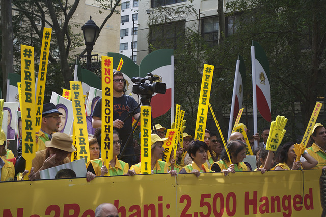 Thousands of protesters gathered at the Dag Hammarskjold plaza across the street from the United Nations to express their anger with Rouhani's government and the United Nations inviting him. - Photo by Lisa Setyon