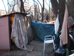 Maysonet's home, made of wood, tarp and blankets. (Photo by Darren Tobia)