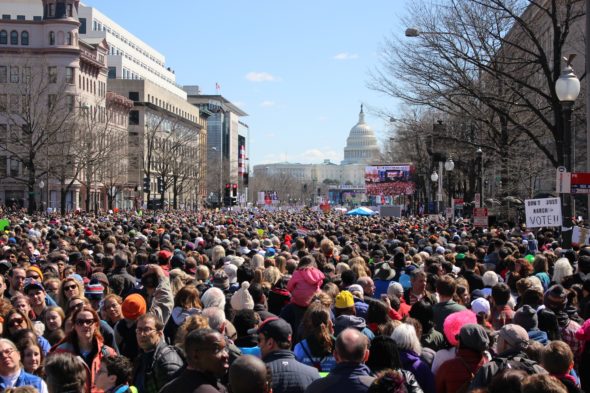 A wide shot of the crowd with the Capitol in the background at March for Our Lives in Washington, D.C.