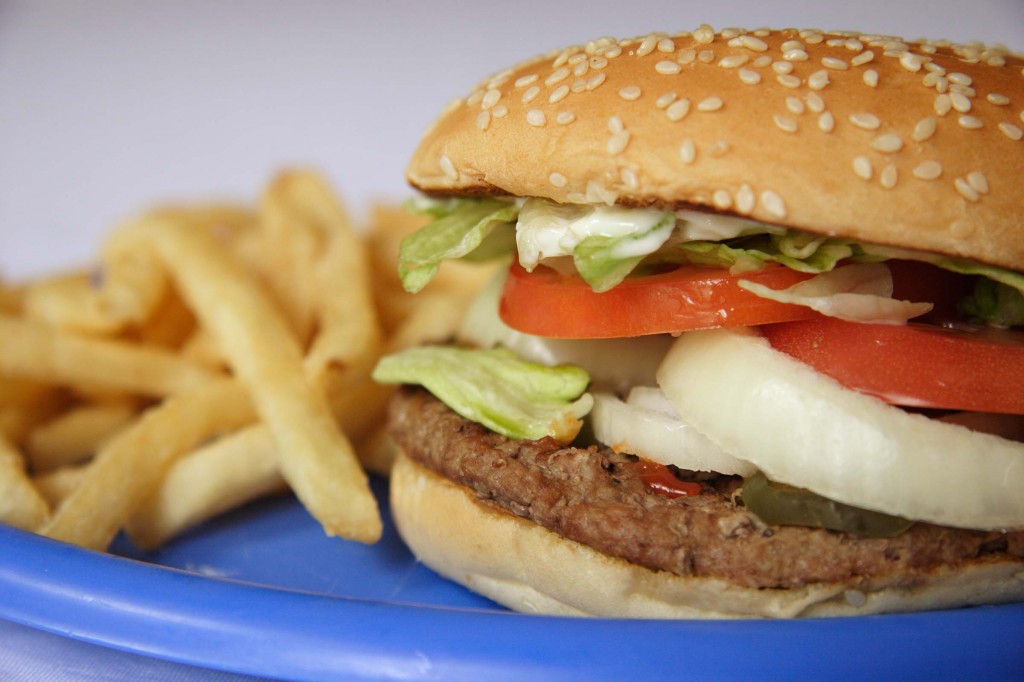 A salty hamburger and french fries. Stock photo